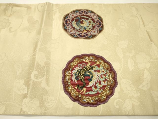 平和屋着物▼絽刺し　区限刺繍　太鼓柄袋帯　鳳凰花絵皿文　金糸　正絹　逸品　DABH7886fe