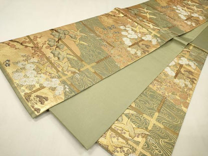 平和屋着物▼六通柄袋帯　瑞雲取鶴文　金銀糸　正絹　逸品　DABH7904fe