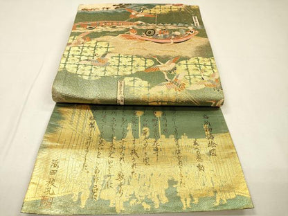 平和屋着物▼全通柄袋帯　名所物語絵図　金糸　正絹　逸品　DABH7907fe
