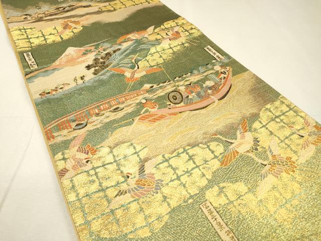 平和屋着物▼全通柄袋帯　名所物語絵図　金糸　正絹　逸品　DABH7907fe