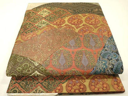平和屋着物▼六通柄袋帯　切嵌　ペイズリー柄　草花　金糸　引箔　正絹　逸品　DABH7910fe