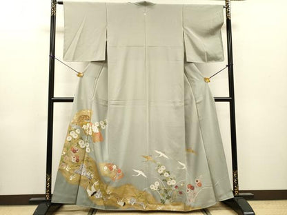平和屋着物●豪華色留袖　駒刺繍　地紙群れ鶴花文　金銀彩　正絹　逸品　DABH7933fe