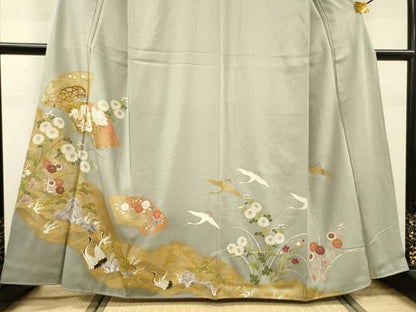 平和屋着物●豪華色留袖　駒刺繍　地紙群れ鶴花文　金銀彩　正絹　逸品　DABH7933fe