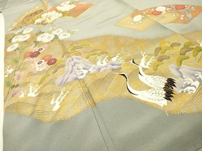 平和屋着物●豪華色留袖　駒刺繍　地紙群れ鶴花文　金銀彩　正絹　逸品　DABH7933fe
