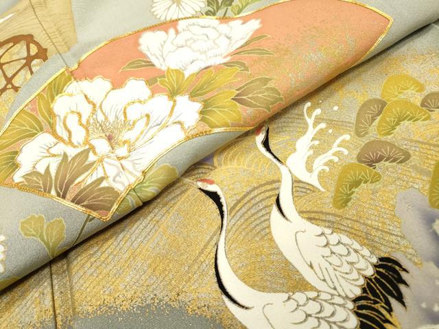 平和屋着物●豪華色留袖　駒刺繍　地紙群れ鶴花文　金銀彩　正絹　逸品　DABH7933fe