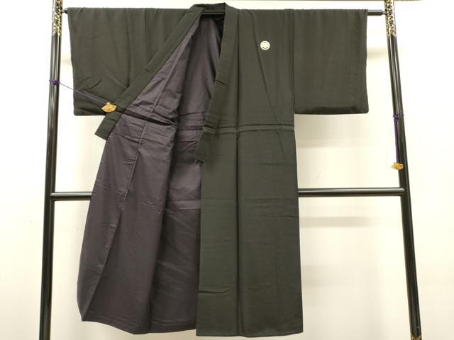 平和屋着物●男性　黒紋付・羽織セット　堅牢染　檳榔子　反端付き　正絹　逸品　DABH7941fe