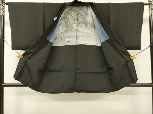 平和屋着物●男性　黒紋付・羽織セット　堅牢染　檳榔子　反端付き　正絹　逸品　DABH7941fe