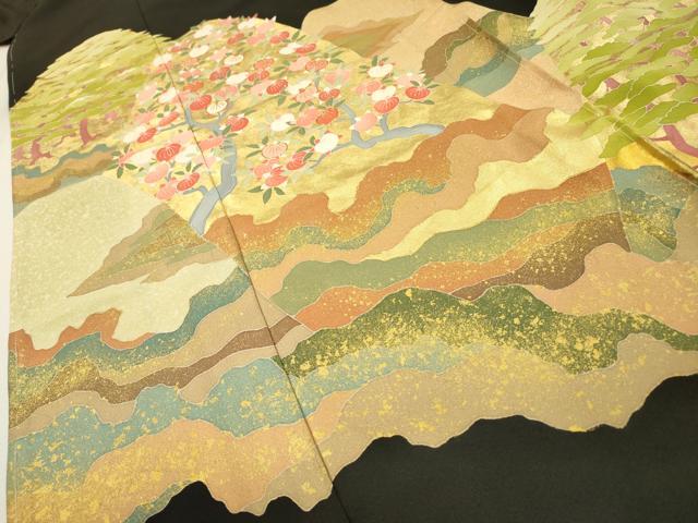 平和屋着物●東京手描友禅　安達雅一　黒留袖　駒刺繍　重ね山橘文　金彩　上代170万　仮絵羽　正絹　逸品　未使用　DABH7942fe