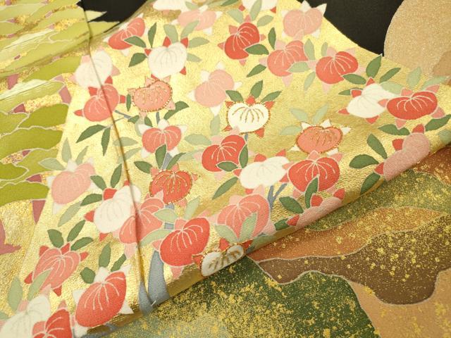平和屋着物●東京手描友禅　安達雅一　黒留袖　駒刺繍　重ね山橘文　金彩　上代170万　仮絵羽　正絹　逸品　未使用　DABH7942fe