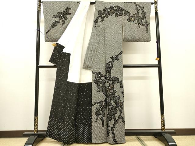 平和屋着物●訪問着　総絞り　枝花　黒地　金銀彩　正絹　逸品　DABH7953fe