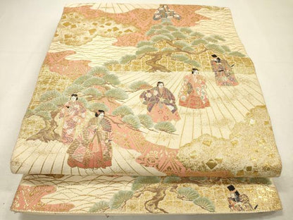平和屋着物▼伝統工芸士　平田藤三郎　六通柄袋帯　紹巴　平安人物文　金糸　正絹　逸品　DABH7965fe