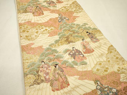 平和屋着物▼伝統工芸士　平田藤三郎　六通柄袋帯　紹巴　平安人物文　金糸　正絹　逸品　DABH7965fe