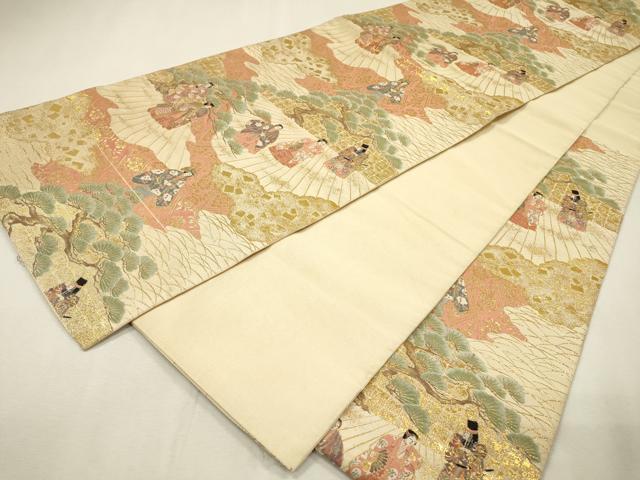 平和屋着物▼伝統工芸士　平田藤三郎　六通柄袋帯　紹巴　平安人物文　金糸　正絹　逸品　DABH7965fe