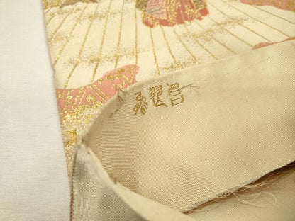 平和屋着物▼伝統工芸士　平田藤三郎　六通柄袋帯　紹巴　平安人物文　金糸　正絹　逸品　DABH7965fe