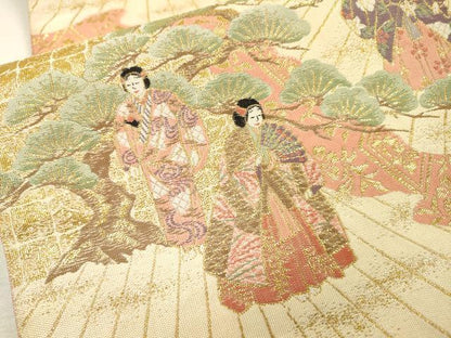 平和屋着物▼伝統工芸士　平田藤三郎　六通柄袋帯　紹巴　平安人物文　金糸　正絹　逸品　DABH7965fe