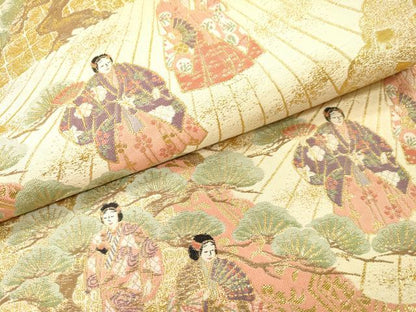 平和屋着物▼伝統工芸士　平田藤三郎　六通柄袋帯　紹巴　平安人物文　金糸　正絹　逸品　DABH7965fe