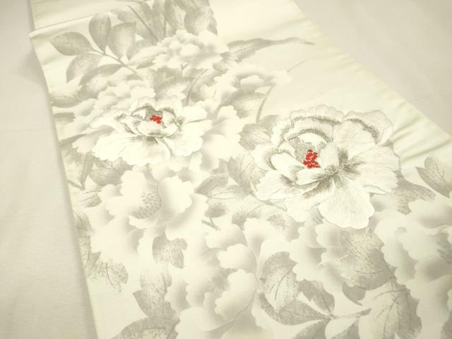 平和屋着物▼太鼓柄袋帯　刺繍　手描き　牡丹　銀糸　正絹　逸品　DABH7973fe