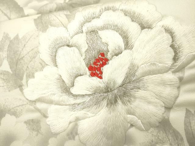 平和屋着物▼太鼓柄袋帯　刺繍　手描き　牡丹　銀糸　正絹　逸品　DABH7973fe