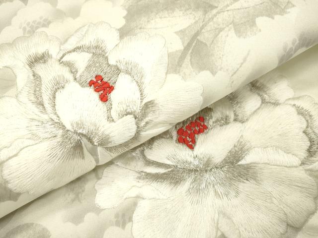 平和屋着物▼太鼓柄袋帯　刺繍　手描き　牡丹　銀糸　正絹　逸品　DABH7973fe