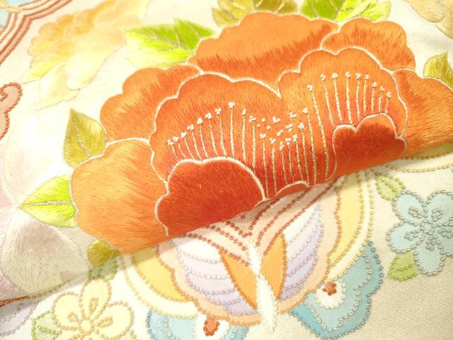 平和屋着物▼中国三大刺繍　相良刺繍　総刺繍　太鼓柄袋帯　草花　金糸　正絹　逸品　DABH7995fe