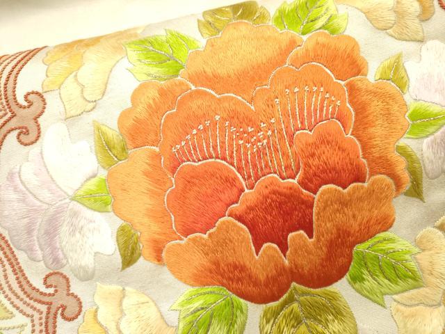 平和屋着物▼中国三大刺繍　相良刺繍　総刺繍　太鼓柄袋帯　草花　金糸　正絹　逸品　DABH7995fe