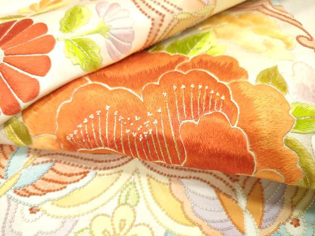 平和屋着物▼中国三大刺繍　相良刺繍　総刺繍　太鼓柄袋帯　草花　金糸　正絹　逸品　DABH7995fe