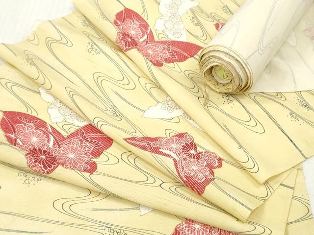 平和屋着物▼小紋　反物　着尺　流水花蝶文　金彩　逸品　未使用　DABH8043zy