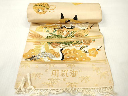 平和屋着物▼アンティーク・大正ロマン　丸帯　帯反物　飛鶴花松　糸巻毬文　金糸　逸品　未使用　DABH8065zy