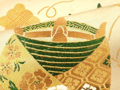 平和屋着物▼アンティーク・大正ロマン　丸帯　帯反物　飛鶴花松　糸巻毬文　金糸　逸品　未使用　DABH8065zy