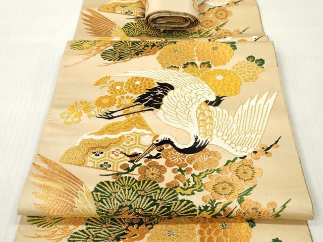平和屋着物▼アンティーク・大正ロマン　丸帯　帯反物　飛鶴花松　糸巻毬文　金糸　逸品　未使用　DABH8065zy
