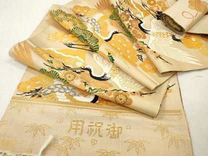 平和屋着物▼アンティーク・大正ロマン　丸帯　帯反物　飛鶴花松　糸巻毬文　金糸　逸品　未使用　DABH8065zy