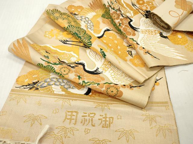 平和屋着物▼アンティーク・大正ロマン　丸帯　帯反物　飛鶴花松　糸巻毬文　金糸　逸品　未使用　DABH8065zy