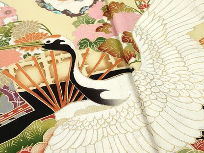 平和屋着物▼黒留袖　解き反物　着尺　飛鶴扇面花文　黒地　金彩　逸品　DABH8158zy