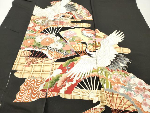 平和屋着物▼黒留袖　解き反物　着尺　飛鶴扇面花文　黒地　金彩　逸品　DABH8158zy