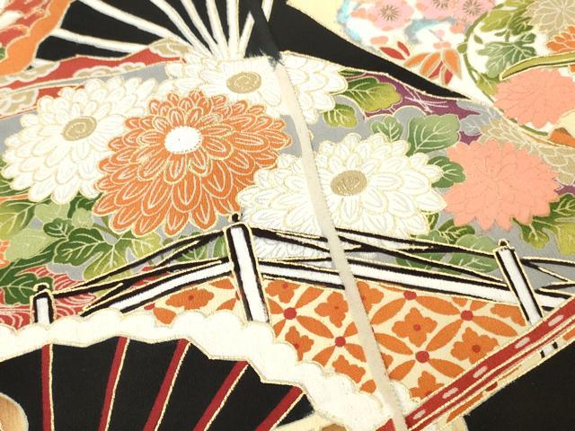 平和屋着物▼黒留袖　解き反物　着尺　飛鶴扇面花文　黒地　金彩　逸品　DABH8158zy