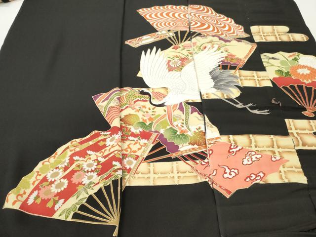 平和屋着物▼黒留袖　解き反物　着尺　飛鶴扇面花文　黒地　金彩　逸品　DABH8158zy
