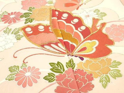 平和屋着物▼付下げ　反物　着尺　駒刺繍　舞蝶草花文　暈し染め　金彩　逸品　未使用　DABH8162zy