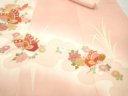 平和屋着物▼付下げ　反物　着尺　駒刺繍　舞蝶草花文　暈し染め　金彩　逸品　未使用　DABH8162zy