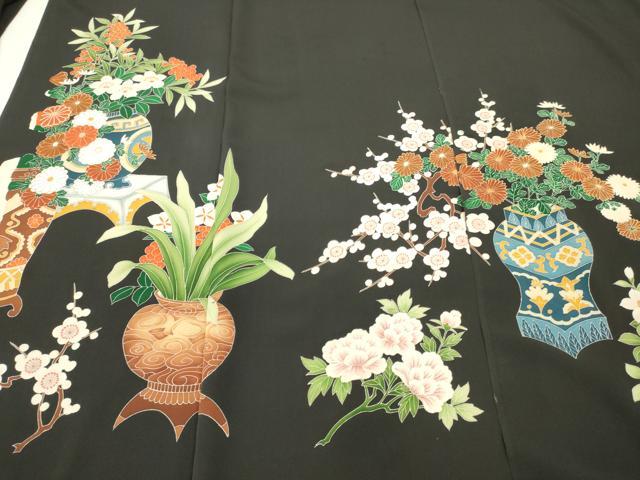 平和屋着物▼中国三大刺繍　相良刺繍　付下げ　解き反物　着尺　飾花文　黒地　金彩　八掛付き　逸品　DABH8171zy