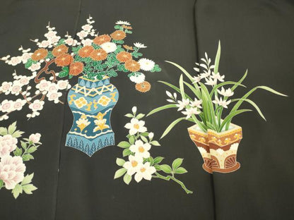 平和屋着物▼中国三大刺繍　相良刺繍　付下げ　解き反物　着尺　飾花文　黒地　金彩　八掛付き　逸品　DABH8171zy