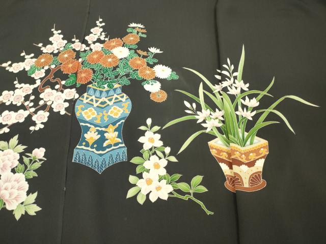 平和屋着物▼中国三大刺繍　相良刺繍　付下げ　解き反物　着尺　飾花文　黒地　金彩　八掛付き　逸品　DABH8171zy