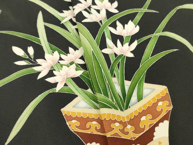 平和屋着物▼中国三大刺繍　相良刺繍　付下げ　解き反物　着尺　飾花文　黒地　金彩　八掛付き　逸品　DABH8171zy
