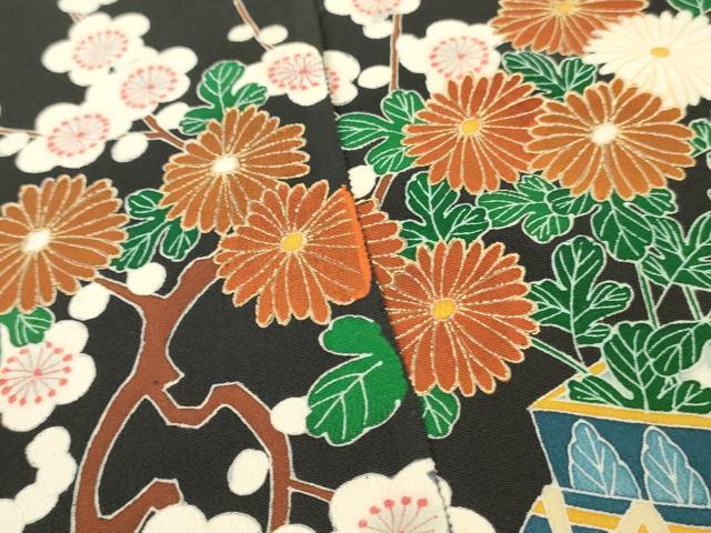 平和屋着物▼中国三大刺繍　相良刺繍　付下げ　解き反物　着尺　飾花文　黒地　金彩　八掛付き　逸品　DABH8171zy