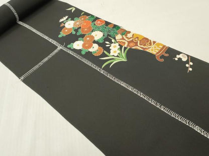 平和屋着物▼中国三大刺繍　相良刺繍　付下げ　解き反物　着尺　飾花文　黒地　金彩　八掛付き　逸品　DABH8171zy