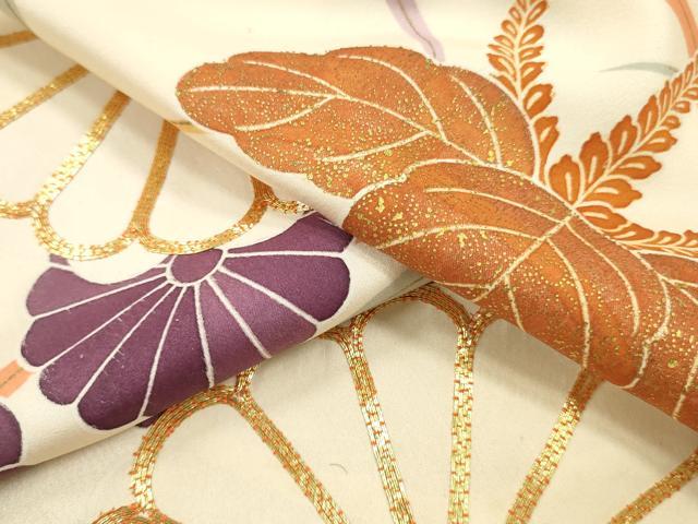 平和屋着物▼付下げ　反物　着尺　駒刺繍　舞菊　芝尽くし文　金彩　未使用　DABH8172zy