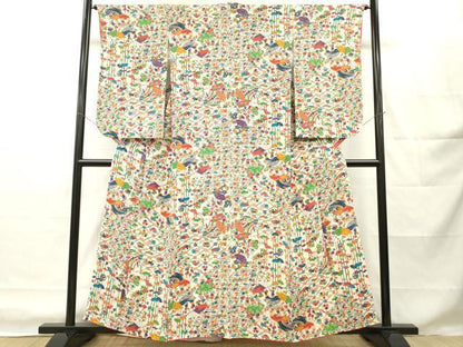 平和屋着物■上質な小紋　型染め　切嵌め花鳥文　鬼しぼ縮緬　正絹　逸品　DABH8220zy