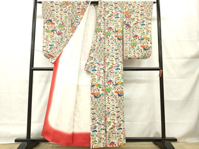 平和屋着物■上質な小紋　型染め　切嵌め花鳥文　鬼しぼ縮緬　正絹　逸品　DABH8220zy