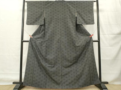 平和屋着物■上質な紬　麻の葉紋様　黒地　正絹　逸品　DABH8225zy