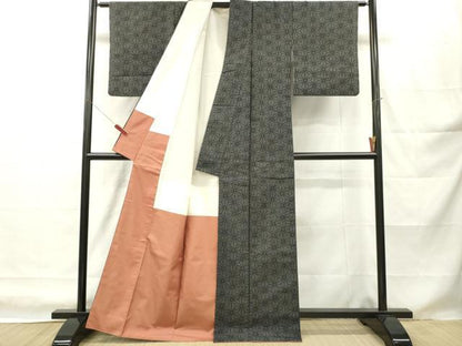 平和屋着物■上質な紬　麻の葉紋様　黒地　正絹　逸品　DABH8225zy
