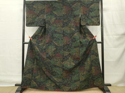 平和屋着物■上質な紬　草花文　黒地　正絹　逸品　DABH8226zy